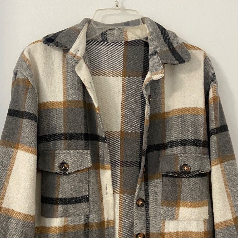 Plaid Button-Up Long Shacket - Picture 2 of 9